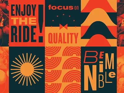Guiding Principles bold branding empowering enjoy the ride fun illustration inspiration navy nimble orange pasta pattern playful quality red sunburst tile type typography