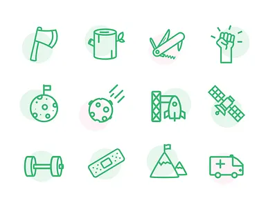 Prospa Icon Set axe camping health icon artwork iconography icons icons set line icon log mountains prospa rocket space