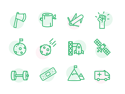 Prospa Icon Set axe camping health icon artwork iconography icons icons set line icon log mountains prospa rocket space