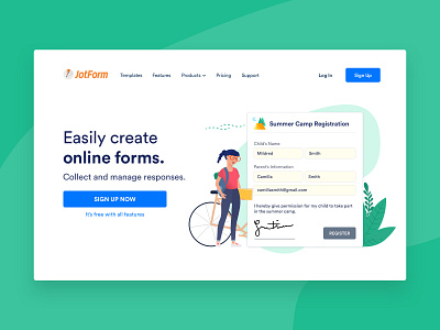 Home Page - Summer Camp Registration bike branding camping character flat colors form builder girl green home page illustration landing online form registration summer camp ui ux vector