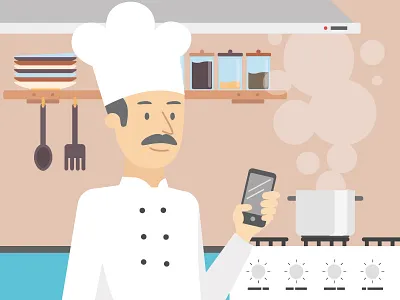 Cook 2d character chef cook cuisine design flat food illustration kitchen man meal mobile app people phone vector