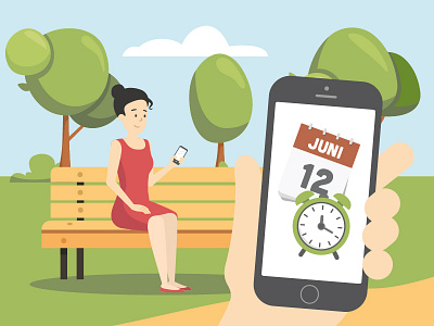 Mobile App 2d app calendar charactedesign character clock design girl illustration iphone nature park people phone ui concept vector woman