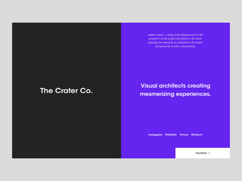 Intro - The Crater Co. ☄️ animation branding contact grid half intro land landing purple splash typography web