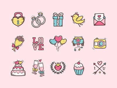 Wedding Doodles Icon camera cute design doodle doodle art flower gift gohsantosa icon illustration letter love love birds ring vector wedding wedding cake wine