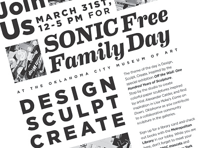 Join Us (For Sonic Free Family Day!) art black and white flyer grid layout layout monochromatic museum museum of art okc okcmoa oklahoma city simple type typogaphy