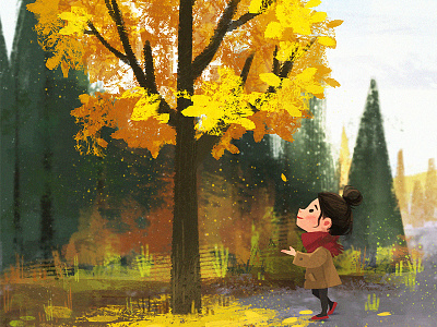 Autumn is here 2d art art autum autumn character child children concept art design fall fall colors girl green illustration kid leaves scarf season tree yellow