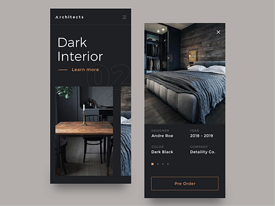 Architects Mobile app archdaily architect architecture dark app dark theme elegant furniture interior interior design layout minimal modern responsive