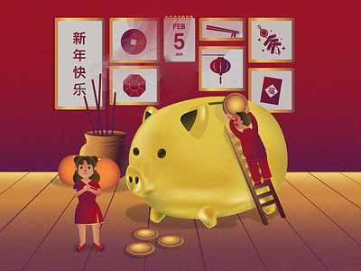 Happy Chinese New Year 2019 2019 boy casual character china chinese coin cute dribbble face first girl gold illustration money new year pig shot traditional vector