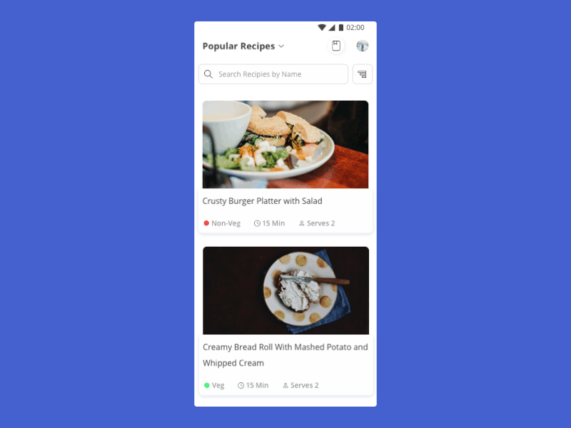 Yum Yum App (2/2) | Guided Food Recipes | Concept animation blue clean cooking food app food recipe app illustration interaction interactive prototype mac app material design minimal mobile app orange prototype recipe app typography ui ui design ux