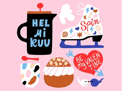 February coffee colorful cute february flat color friendly illustration leena kisonen pastels skates valentine