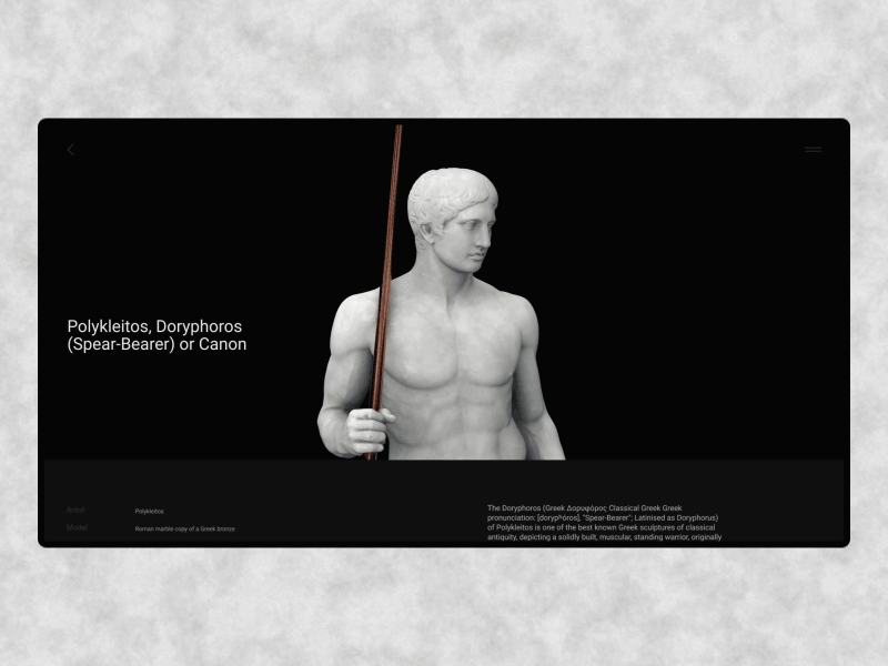 ILLIAM project. Article preview 3d about ae animation cinema cinema 4d classic dark doryphoros interactions statue typography ui web