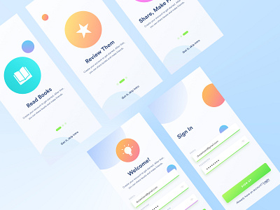 Book App UI WIP abstract shapes app wip awesome gradients book app book screens book ui color exploring concept cool gradients create account screen experimentation log in onboarding playful color scheme playful colors playful gradients sign in sign up slider bullets welcome screen