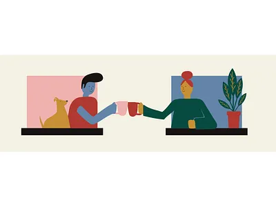 Neighbors app bezalel character coffee cup delightful dog illustration neighbors neighbours plant qa smile ux vector window windows