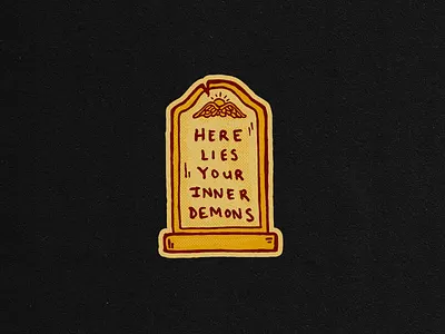 Here Lies Your Inner Demons badge design demons distressed gravestone headstone ink logo primary colors retro vintage