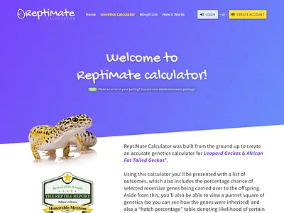 Reptimate Genetics Calculator v2 angle angled bootstrap 4 calculator design genetics photography purple reptile sketch sketch app ui ux website yellow