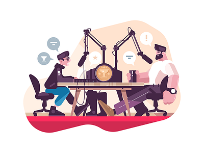 Radio presenter interviewing man character flat illustration interviewing kit8 man microphone presenter radio studio vector