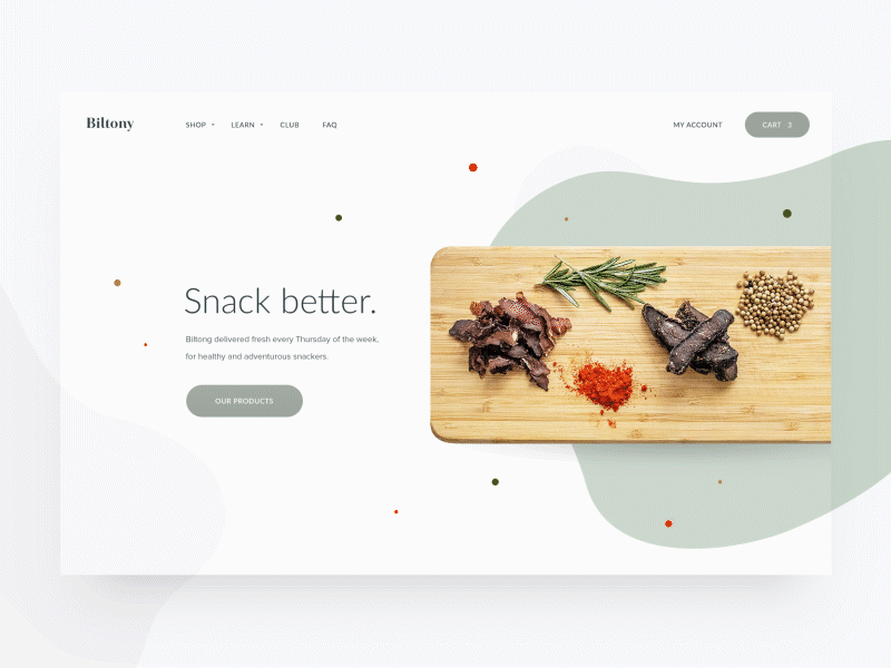 Biltony Website animation beef biltong biltony cart design dropdown flat food jerky menu packaging product ui ux web