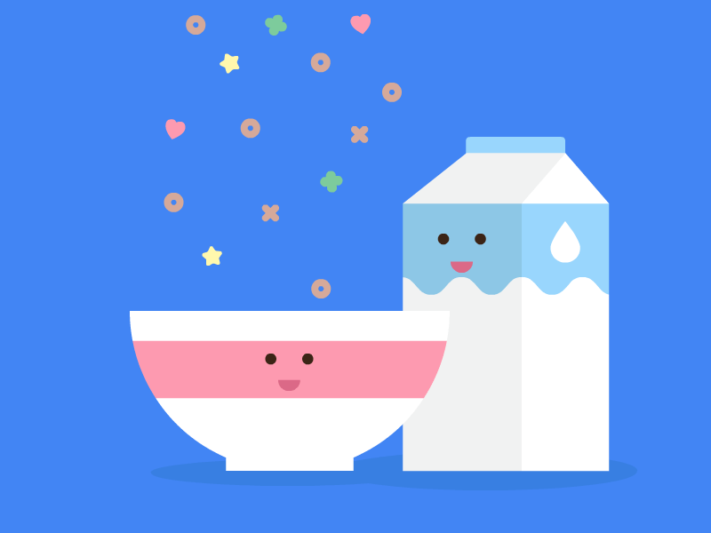 Google BreakfastBriefing - Cereal & Milk animation blue breakfast cartoon cereal fun google illustration jump lucky milk play spring