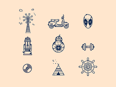 Random Icons # 04 bb8 deadpool dribbble invite dribbble invite giveaway dumbbell flat illustration icon illustration lamp lantern line line art minimal native american scooter ship star wars tipi wheel wind turbine