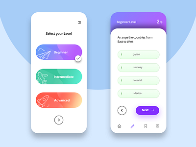 Assessment Level Selection advanced android app app assessment beginner branding clean clean app design illustration intermediate levels menu design mobile app design progress selection ui ux challenge ux design white