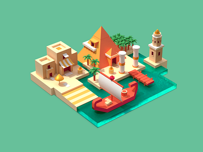 Pyramid Beach beach boat building isometric light house pillar pyramid tree water