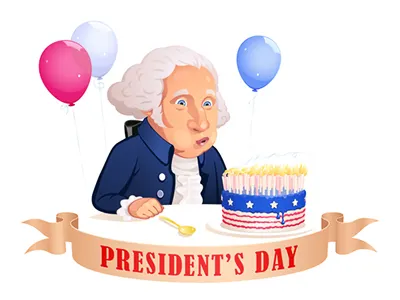 President's Day. Vector sticker air balloons america american balloon birthday cake blow out candles caricatire cartoon day george political portrait president sticker united states united states of america usa vector washington