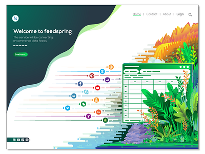 E-commerce Data Feeds Illustration color illustration data analysis forest illustration landing page landing page illustration leaf mountain river social media tree vector