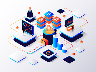 Isometric bitcoin analysis concept 3d bitcoin design illustration isometric mining people