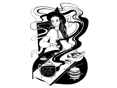 Tea Witch black black and white character dip pen drawing drawing challenge drawing ink girl character hand drawing illustration ink magic tea