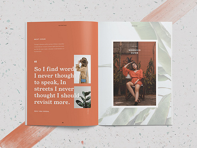 Saunter final spread a4 botanical brochure composition editorial fashion grid layout lifestyle lookbook magazine orange photography plant portfolio publication quote spread template