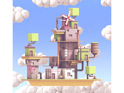 Fez Island 3d 3d illustration architecture art doors fez fez game floating illustration island render windmill