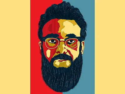 Bearded blue brush design face half tone illustration line art oragne portait red spectacles vector yellow