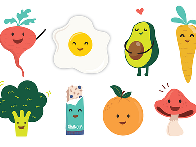 Illustrated food 2 avocado broccoli carrot cartoon character design egg flat flat design food food app granola bar groceries illustartor illustrated food illustration mushroom orange radish simple