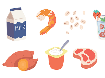 Illustrated food 1 cartoon color cook cooking drawing flat food foodie groceries illustration illustration art illustrator infused water meat milk oats shrimp simple sweet potato yoghurt