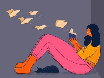 Reading time abstract book cat character daydreaming illustration minimalist procreate reading simple sleeping texture