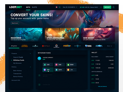 LootBet Finance bet bets bright cs go dark dota finance game games gaming lol product profile ui ux wallet withdraw funds игры личный кабинет профиль ставки