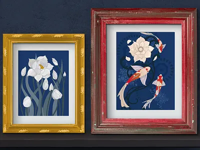 Lilly and fish art artwork design digital fish flower frames illustration japanese lilly vector water