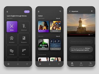 Learn English through subtitles android app app assessment black black theme branding clean concept app dark app design design app dribbble english films interface menu design subtitle user experience design ux video app
