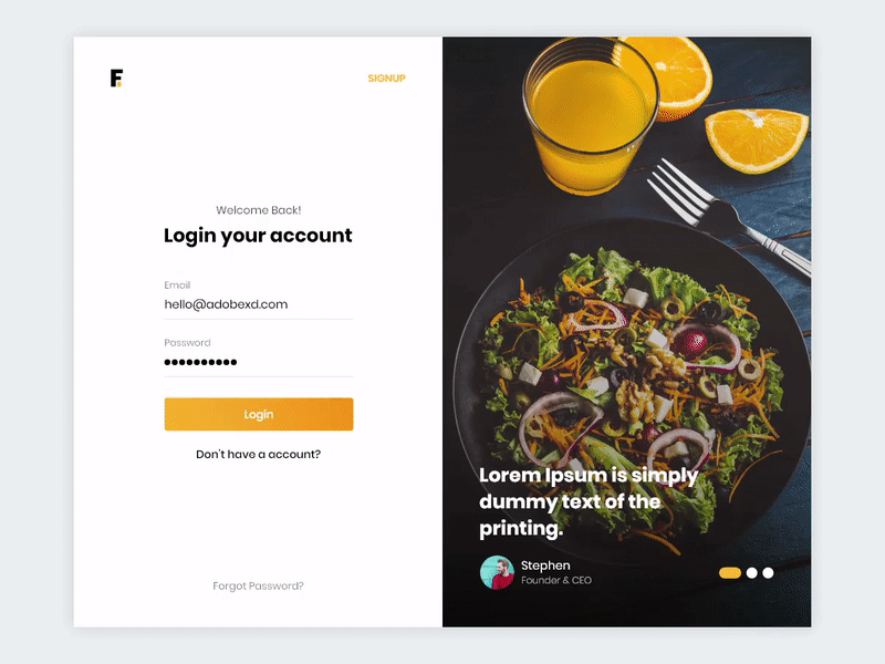 Login slider animation animation design food interaction landing page login login box login design login form minimal signin slider split fold split web design ui ui ux ui design web web design yellow