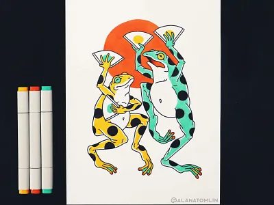 Dancing Frogs alana tomlin alanatomlin dancing dancing frogs fans frog frogs japanese tattoo kaeru sun tattoo