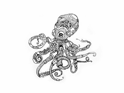 Steampunk Octo animal art black white black and white creature design doodles dotwork fineliner handdrawn illustration lineart ocean oceanic oceans octo octopus steampunk under water