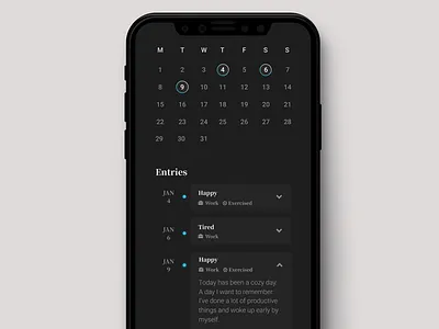 Journal App Calendar Overview Page app app design black clean dark mobile app product ui uidesign ux uxdesign