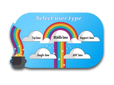 Daily UI #64 - Seelct User Type affinity designer blue clouds daily 100 challenge daily ui 64 dailyui 64 fun funny theme game game design game user type league of legends league of legends idea pot with ranbow ranbows seelct user type select type ui design user