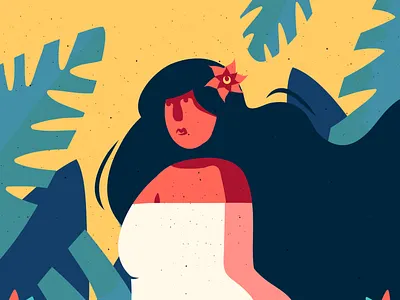 Cropped Girl in a Caribbean Jungle caribbean charachter flora flower girl green hair illustration leafs palm red sun tropical woman