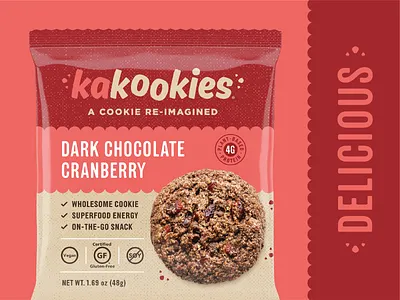 Kakookies Redesign (Dark Chocolate Cranberry) brand chocolate cookie cranberry food gluten free packaging red snack vegan