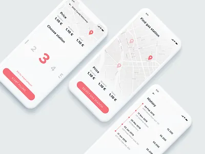 Gas filling app app application clean design system gradient history map mobile mockup red red and white swipe typography ui ux
