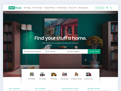 Shiftknob - Landing Page category classified client customer data details facility green landing page menu minimal moving pickup reverse storage search service storage trucks ux web