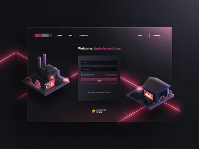 Factory statistics 3d blender branding dark data design factory forklift form gradient illustration light beam login night pink render sign in ui ux warehouse