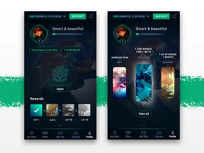 LB Profile (Mobile) account android bets bonus bright dark game gamification icons ios lol loot loot box mobile profile rewards ui ux игры профиль ставки