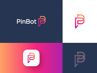 PinBot (chat + P + B + pin) app branding chat gradient letter b letter p mark minimal pin stroke